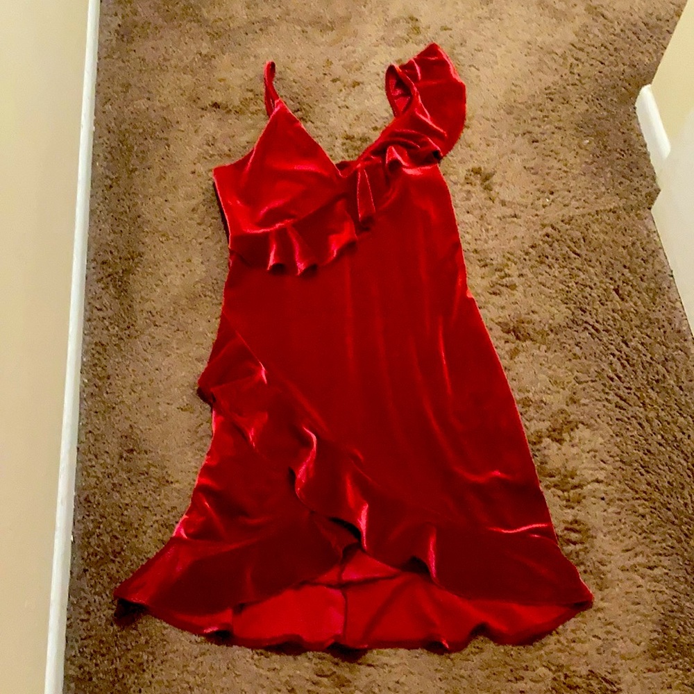 Red Velvet Ruffle V Neck Dress